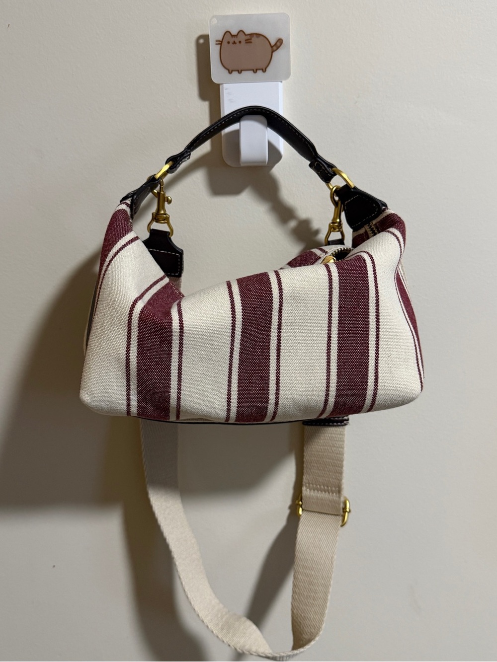 Zara Striped Canvas Shoulder Bag in Burgundy and Cream
